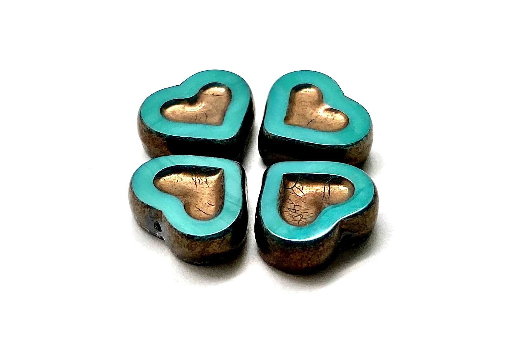 14x12mm Heart within a Heart Turquoise Czech Opaque Glass Beads - 6 pcs.