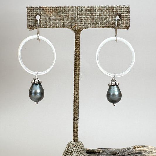 Tahitian Pearls with Shell Hoop Finished Earrings - 1 pair (J224)