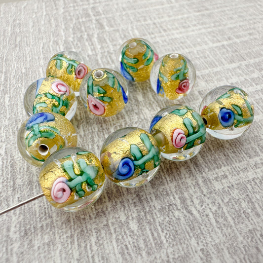 Vintage Handmade Czech Lampwork 10mm Clear with Rosettes Glass Bead - 1 pc. (Z908)