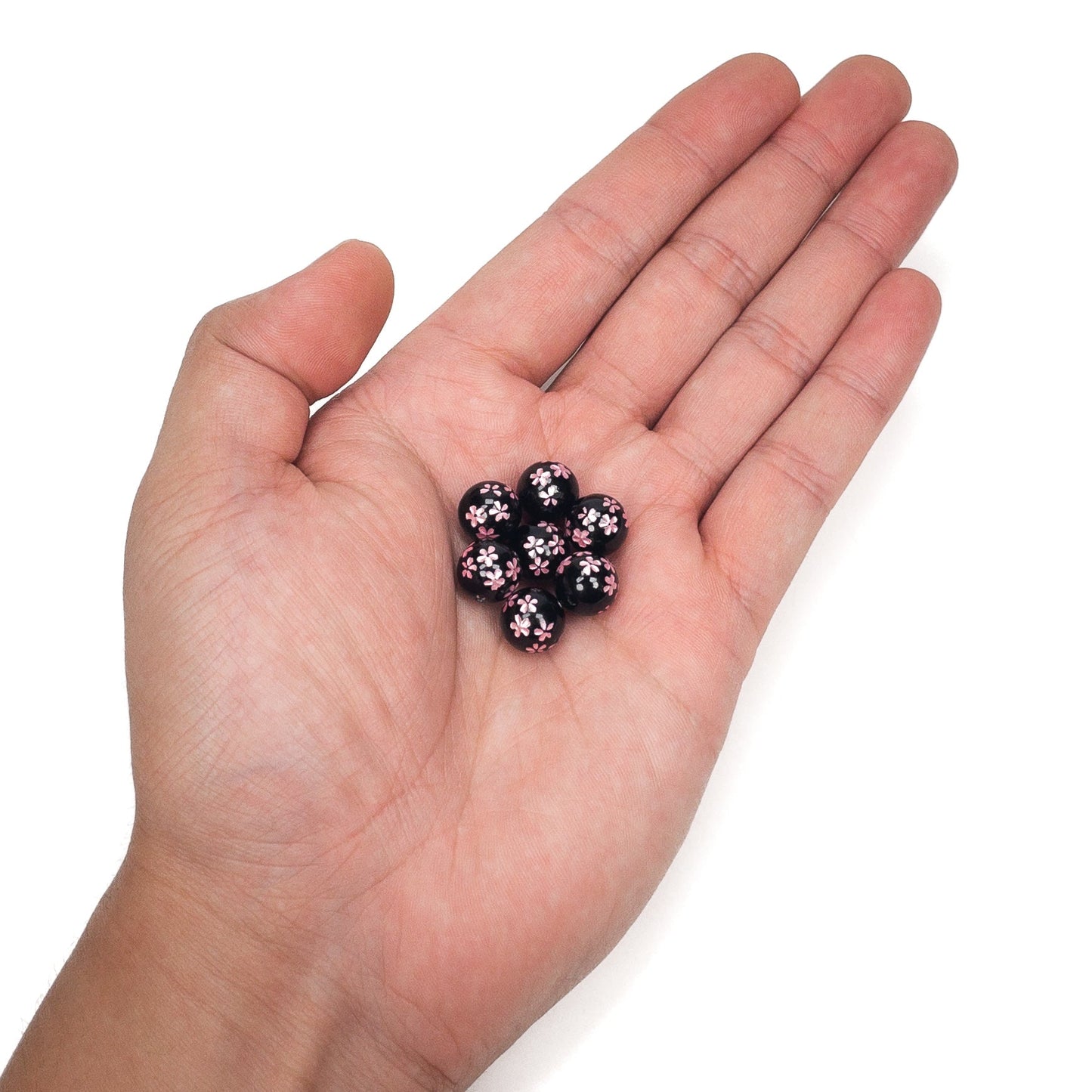 Black Agate Etched Pink Sakura Shower 10mm Round Bead - 1 pc.