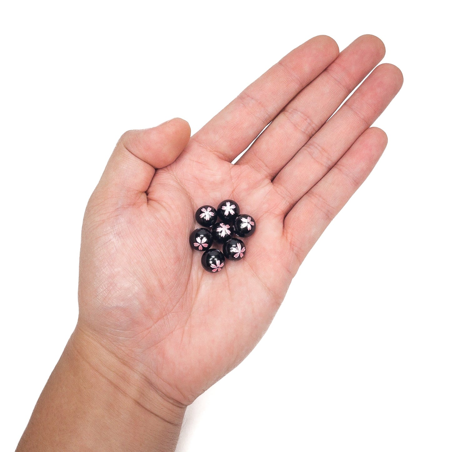 Black Agate with Etched Pink Sakura Blossom 10mm Round Bead - 1 pc.