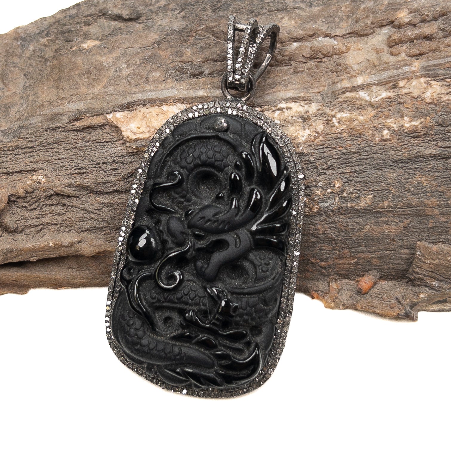 Carved Black Obsidian Dragon Pendant with Diamond (Oxidized Sterling Silver) - 1 pc.