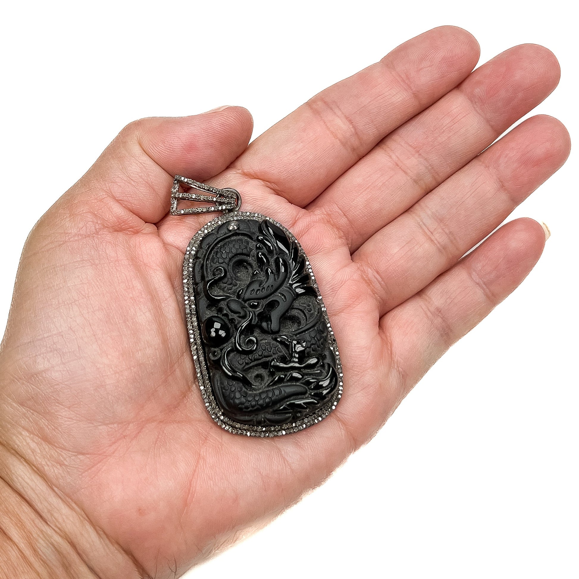 Carved Black Obsidian Dragon Pendant with Diamond (Oxidized Sterling Silver) - 1 pc.