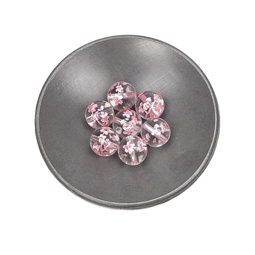 Crystal Quartz Etched Pink Sakura Branch 10mm Round Bead - 1 pc.