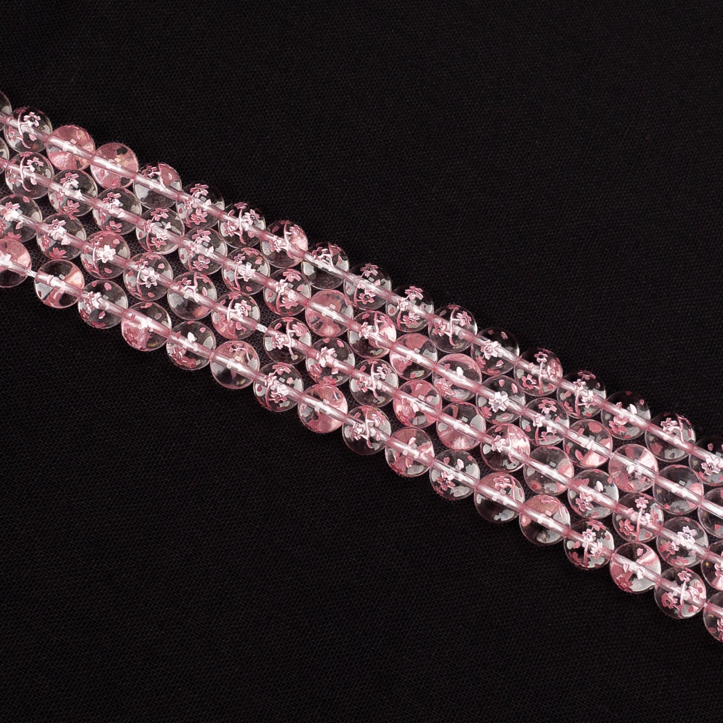 Crystal Quartz Etched Pink Sakura Branch 10mm Round Bead - 7.5" Strand