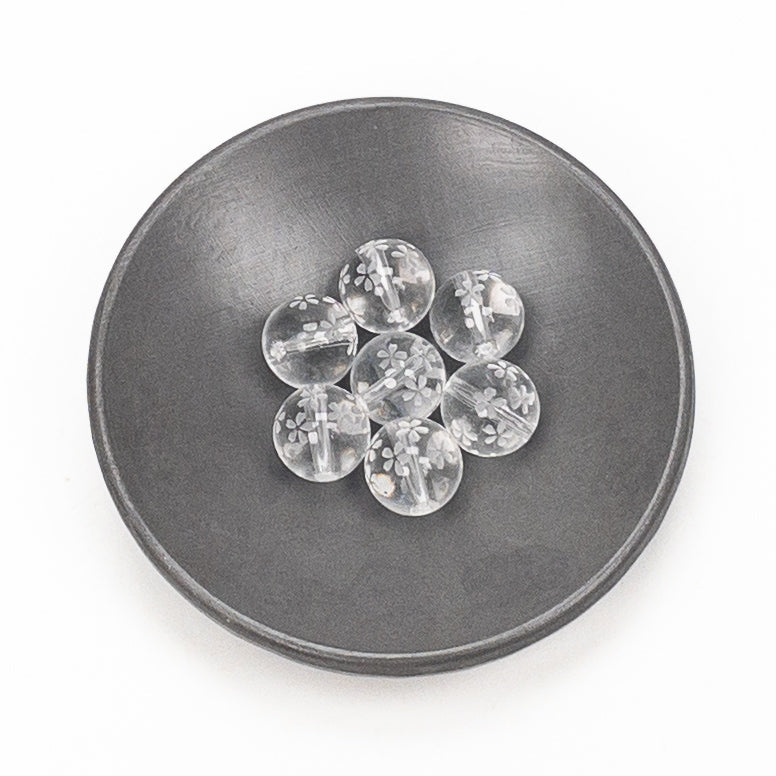 Crystal Quartz Etched Sakura Shower 10mm Round Bead - 1 pc.