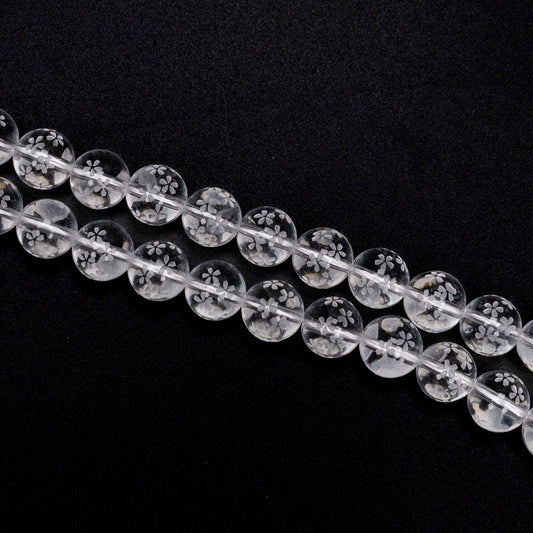 Crystal Quartz Etched Sakura Shower 10mm Round Bead - 7.5" Strand