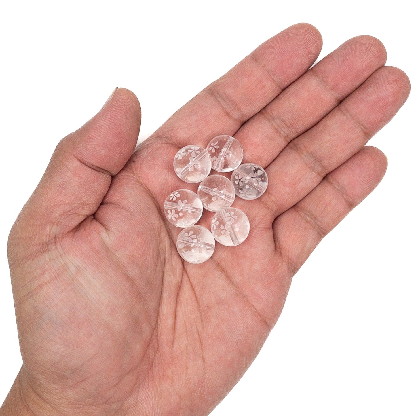 Crystal Quartz Etched Sakura Shower 14mm Round Bead - 1 pc.