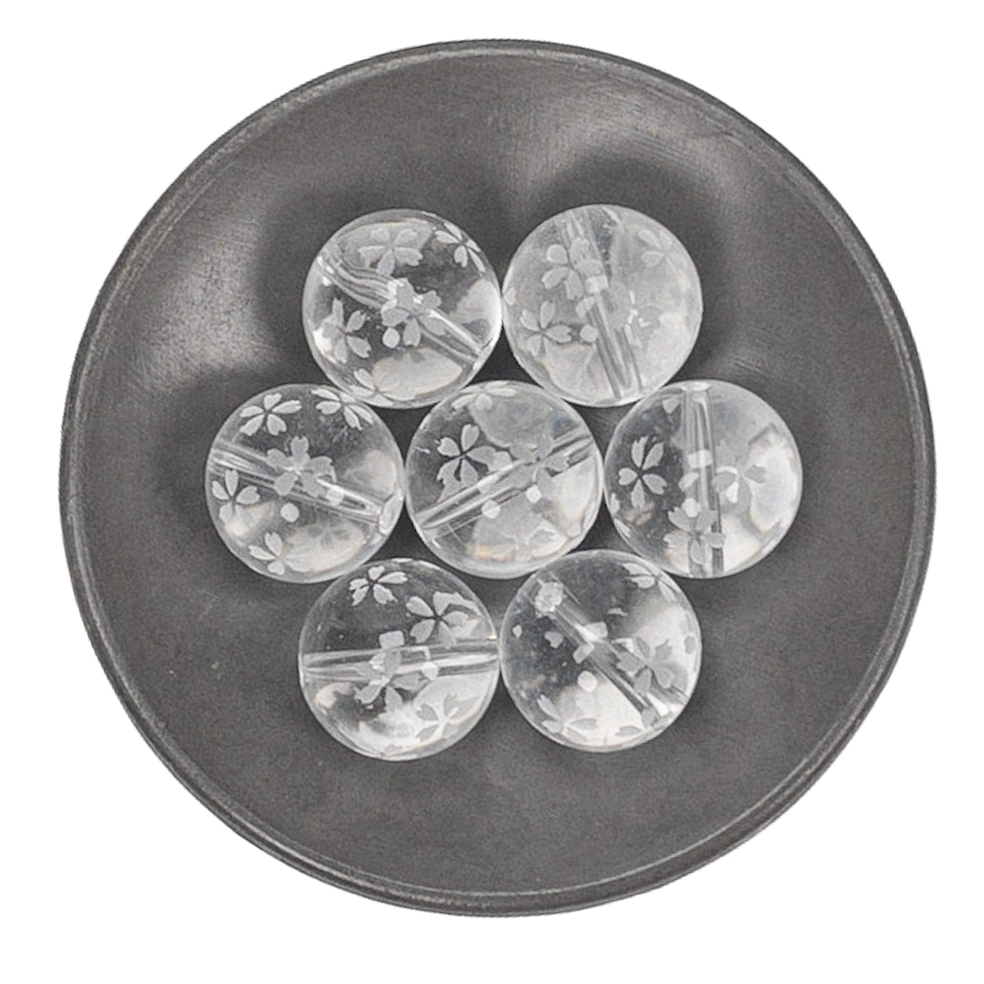 Crystal Quartz Etched Sakura Shower 14mm Round Bead - 1 pc.