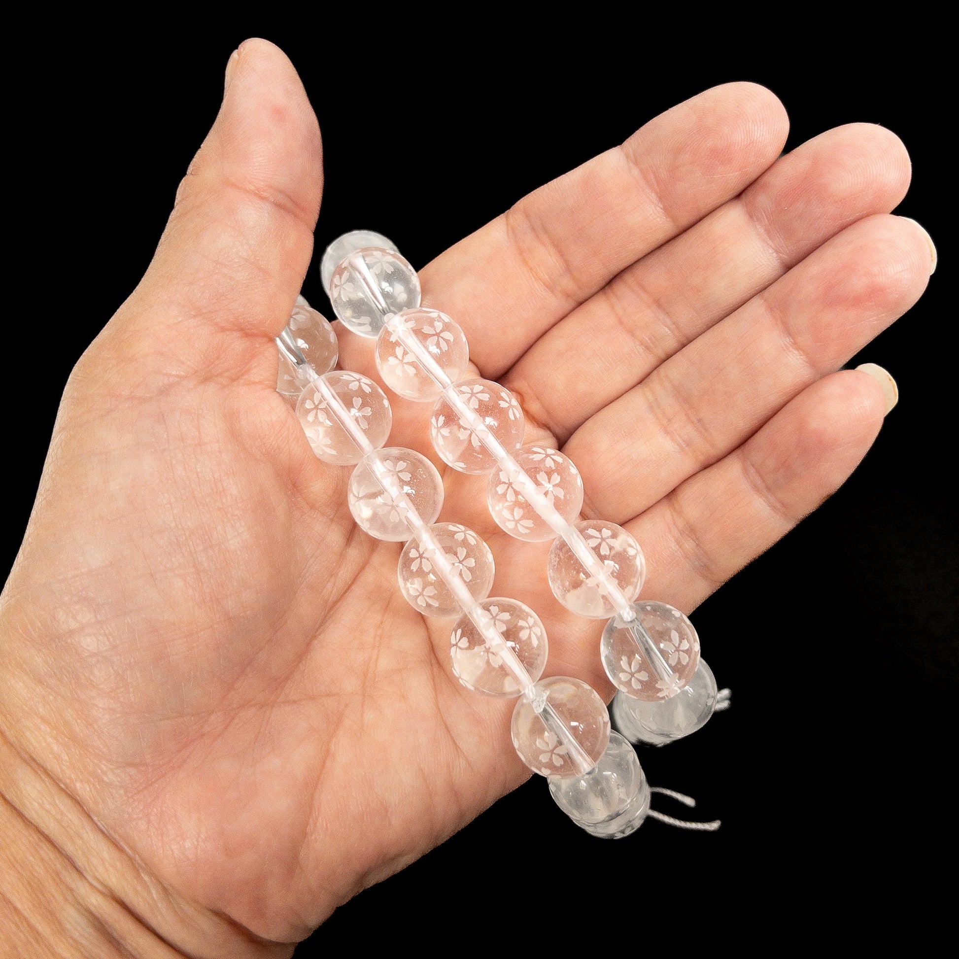 Crystal Quartz Etched Sakura Shower 14mm Round Bead - 7.5" Strand