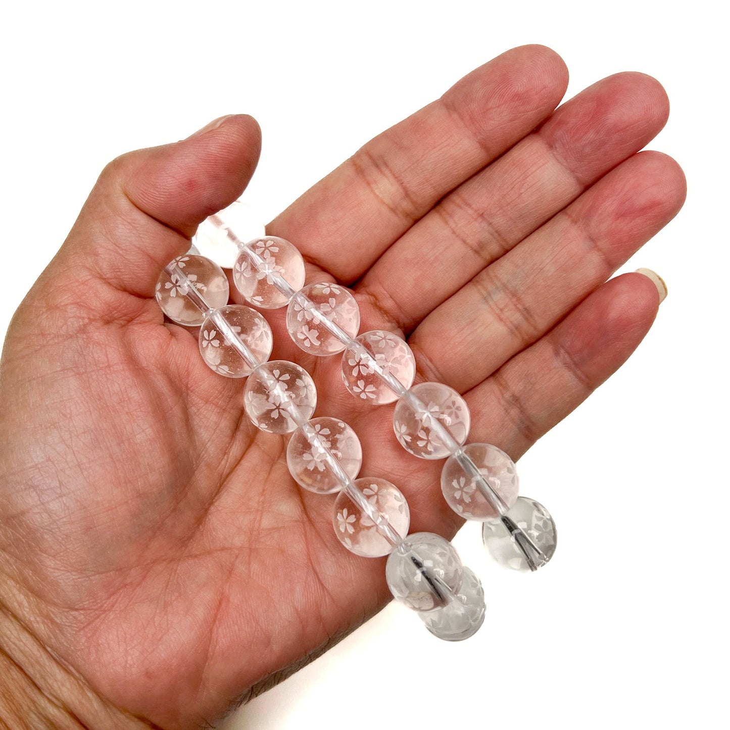 Crystal Quartz Etched Sakura Shower 14mm Round Bead - 7.5" Strand