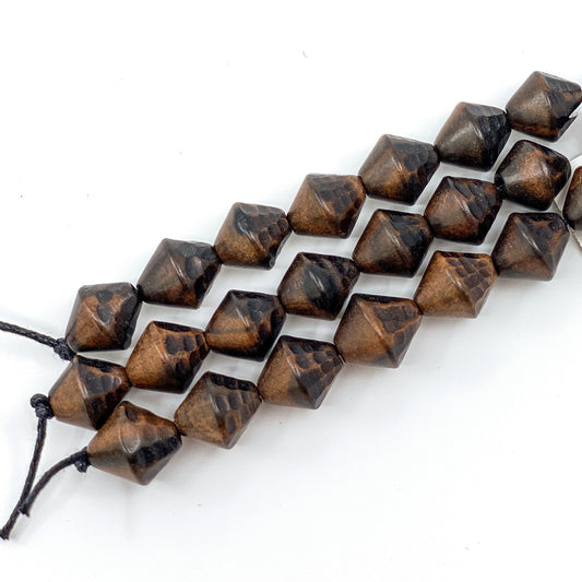 Faceted Tiger Ebony Wood Strand - 14mm Bicone