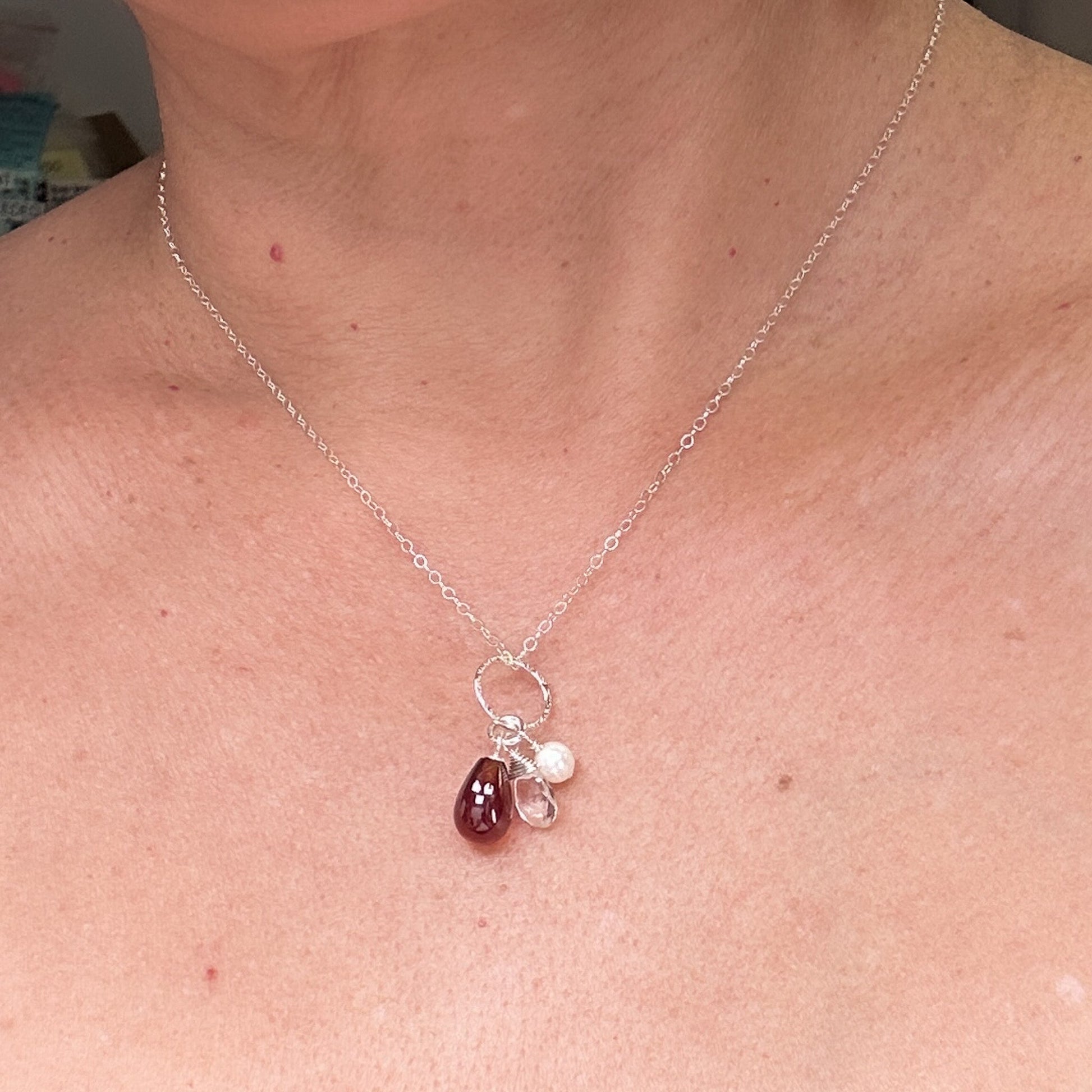 ❤️ Friendship Necklace: Garnet, Crystal Quartz & Pearl Charm-The Bead Gallery Honolulu