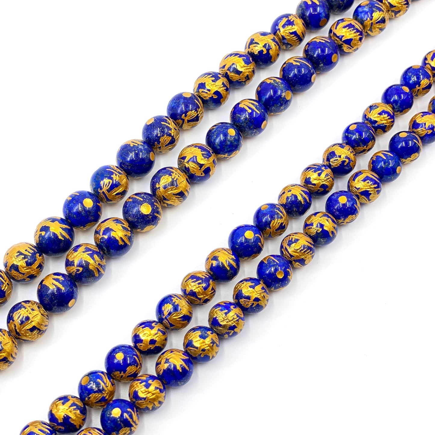 Gemstone with Etched Gold Dragon 12mm Round Bead (7 Options Available) - 7.5" Strand