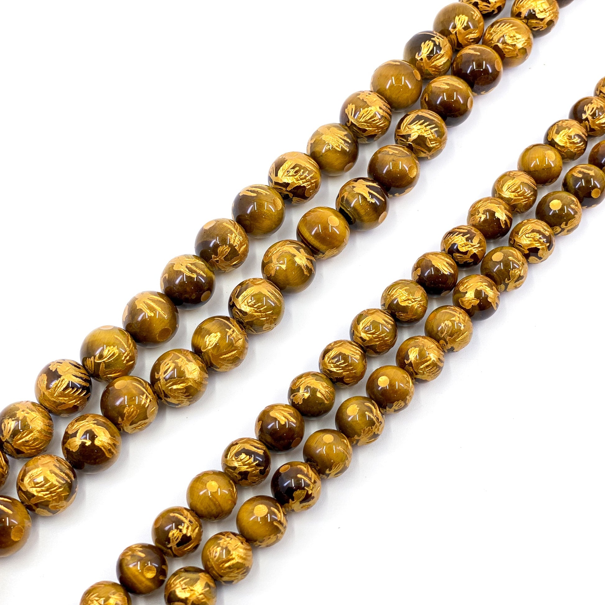 Gemstone with Etched Gold Dragon 12mm Round Bead (7 Options Available) - 7.5" Strand