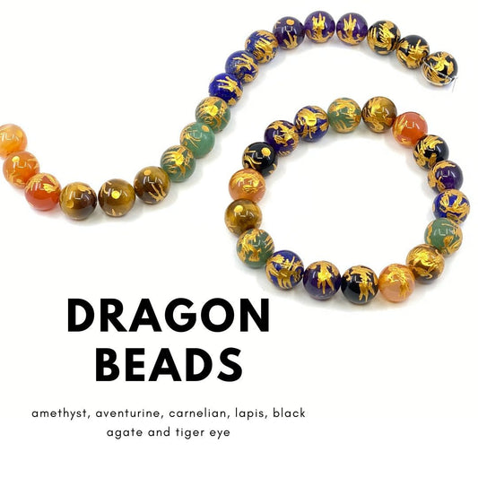 Gemstone with Etched Gold Dragon 12mm Round Bead (7 Options Available) - 7.5" Strand