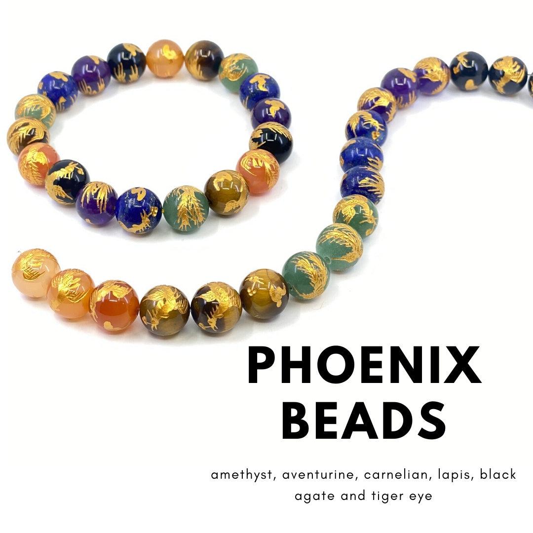 Gemstone with Etched Gold Phoenix 12mm Round Bead (7 Options Available) - 7.5" Strand