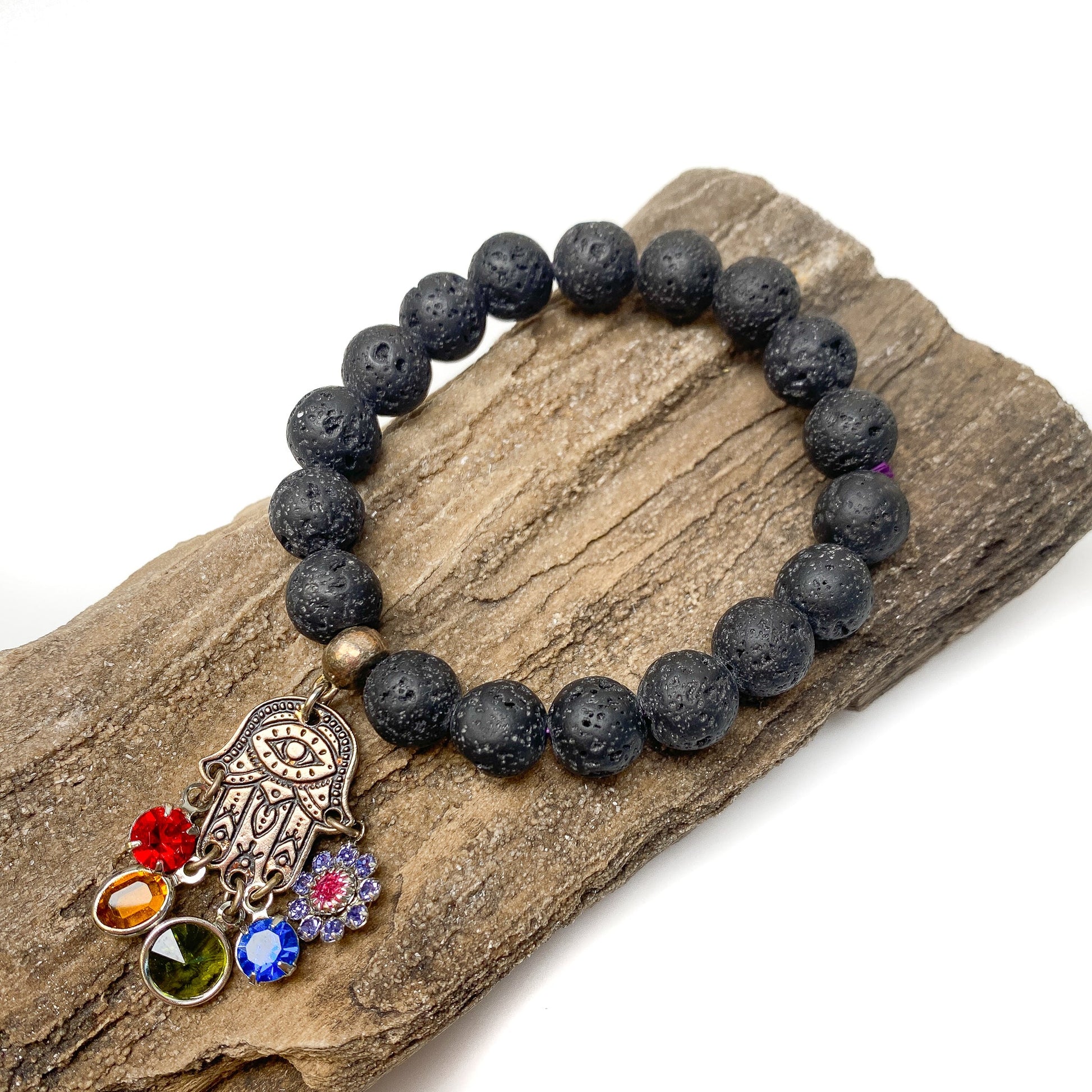 Hamsa Rainbow Lava Bead Bracelet