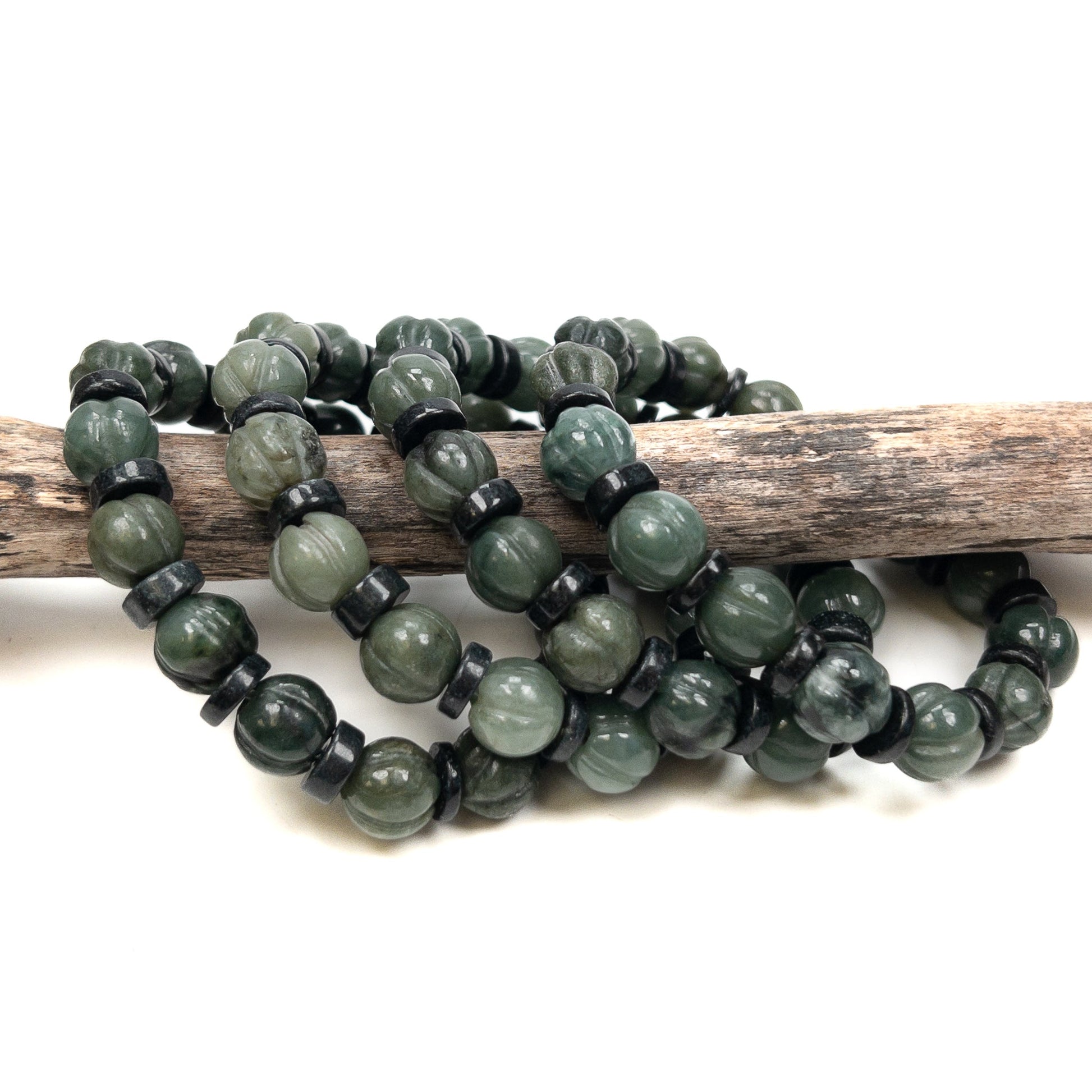 Jade 10mm Rustic Carved Lotus Bud Bead Stretchy Bracelet (3 Color Ranges Available)