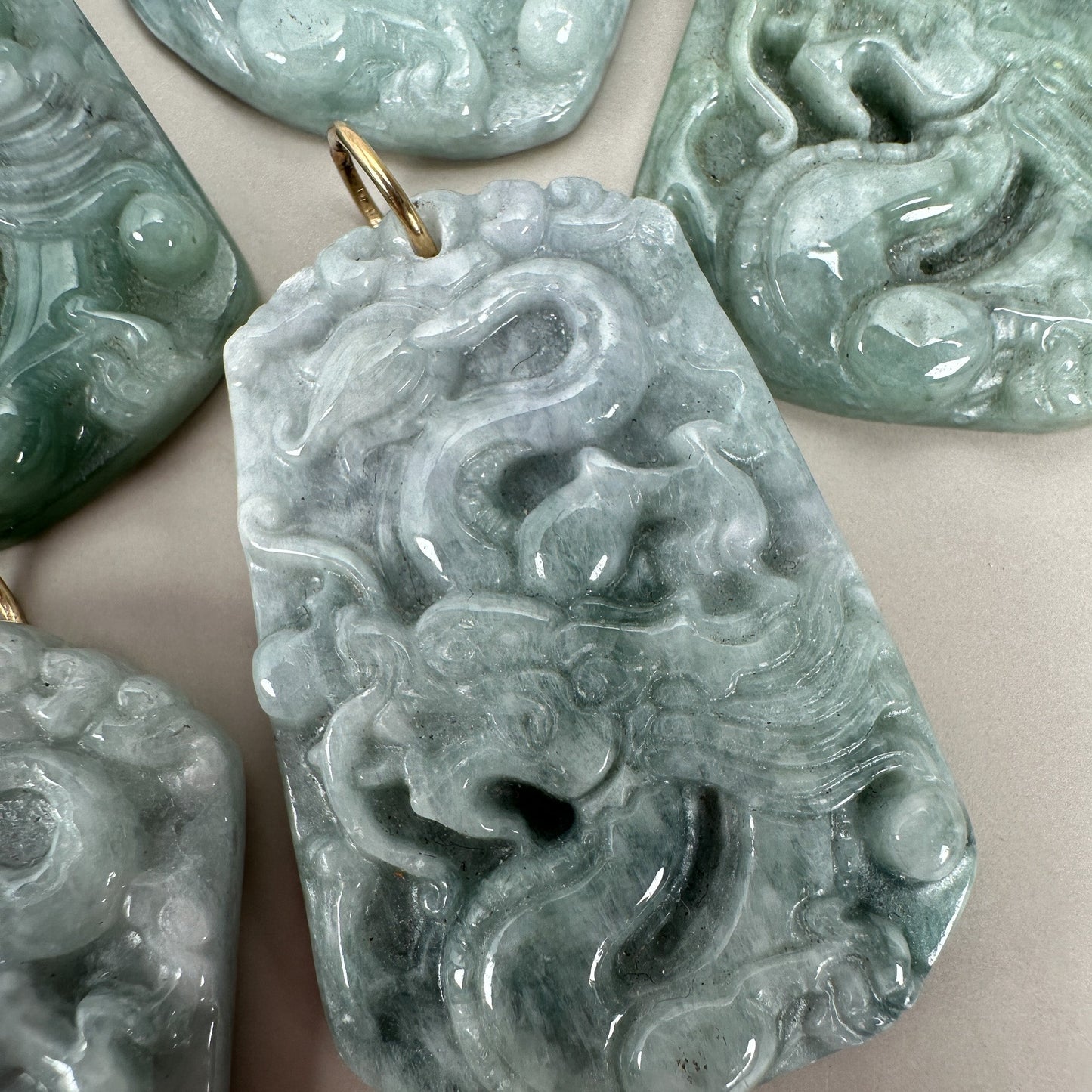 Jade Dragon Hand-Carved Pendant (2 Ring Options) (J228)