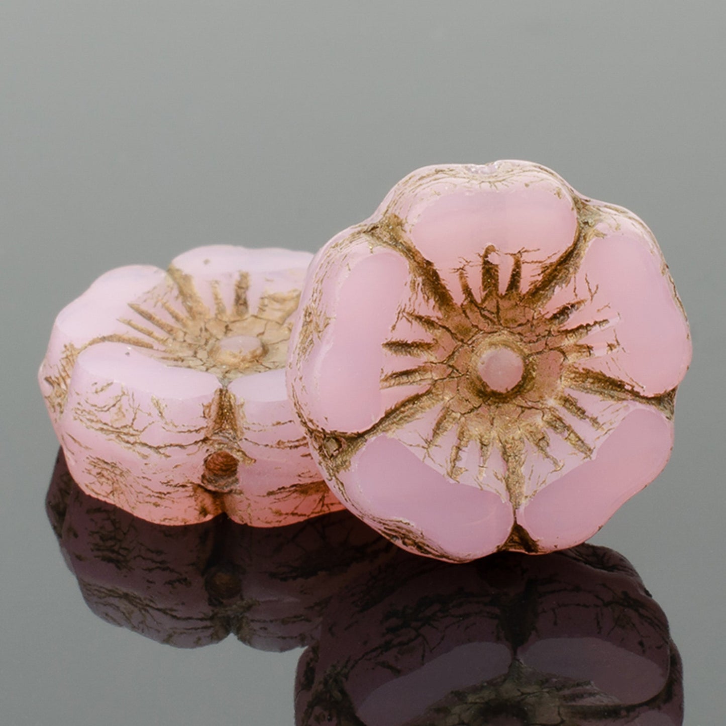 Pink Opaline Hibiscus Flower with Gold Wash 12mm Glass Bead - 6 pcs.-The Bead Gallery Honolulu