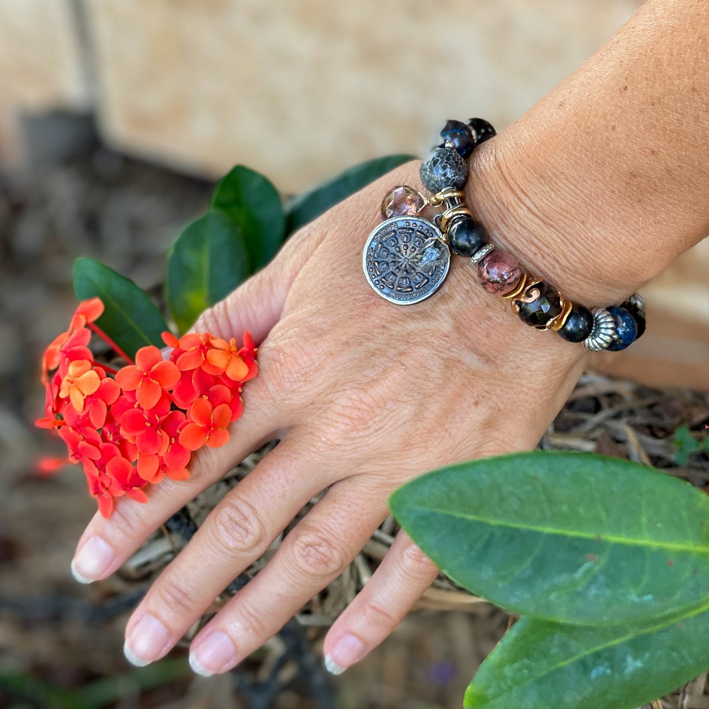 Prayer Coin Amulet Stretchy Cord Bracelet w/ Coily Bead