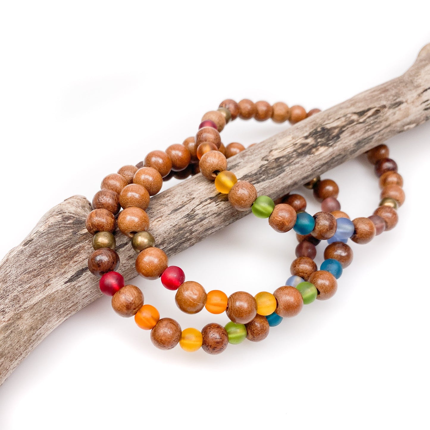 Rainbow Chakra Wood and Recycled Glass Stretchy Cord Bracelet - 3 sizes