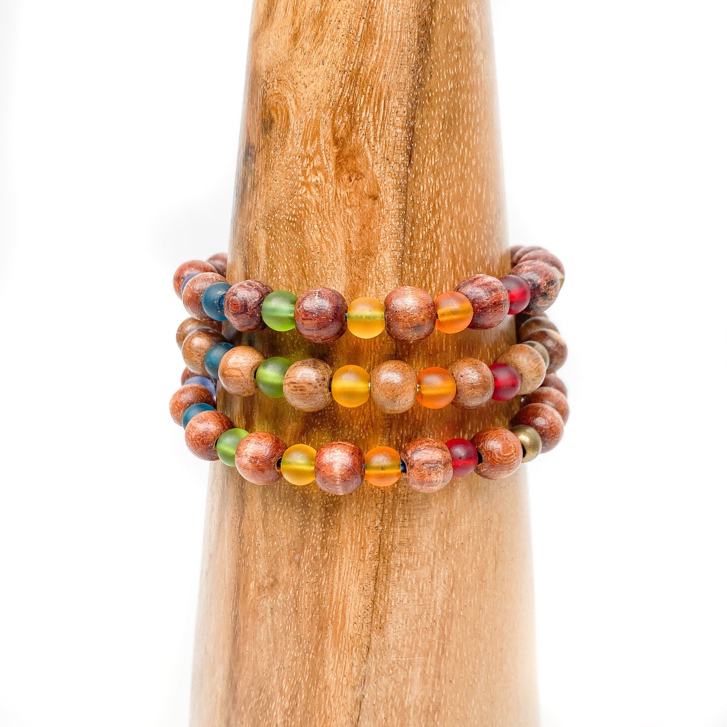 Rainbow Chakra Wood and Recycled Glass Stretchy Cord Bracelet - 3 sizes