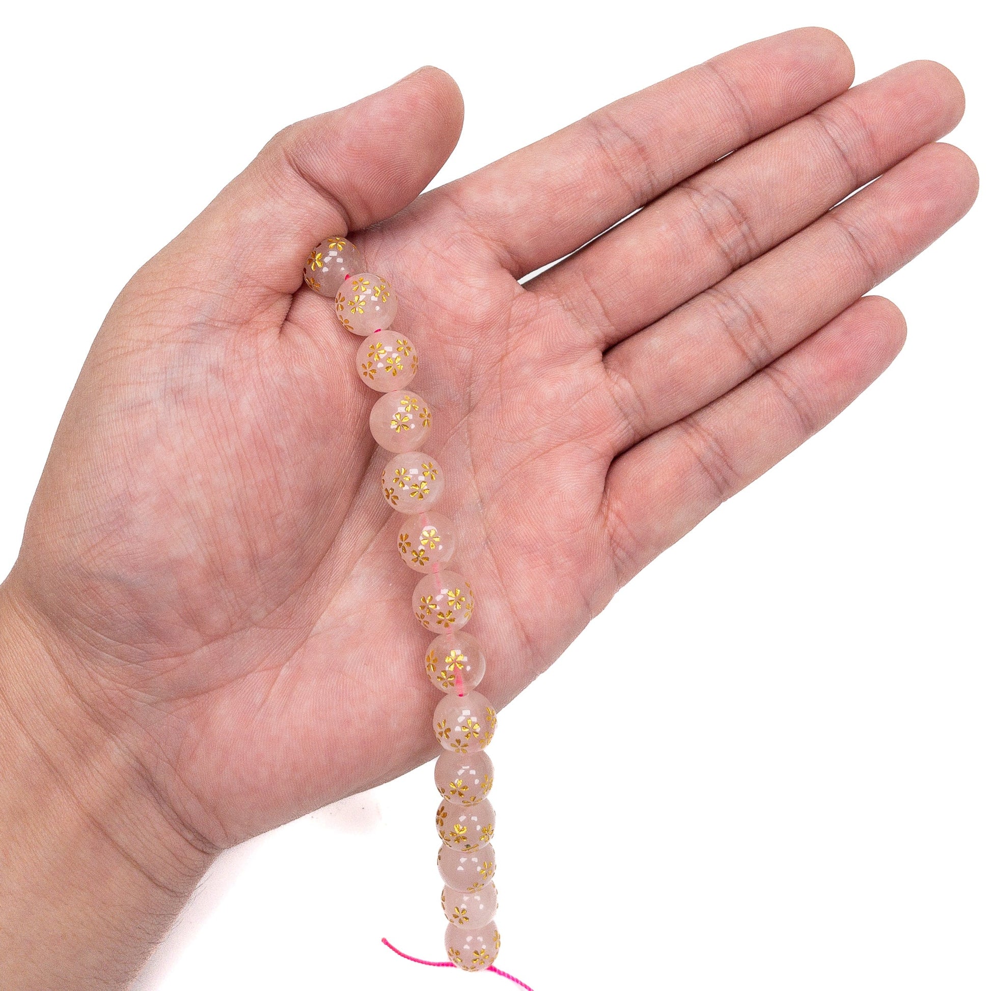 Rose Quartz Etched Gold Sakura Shower 10mm Round Bead - 7.5" Strand