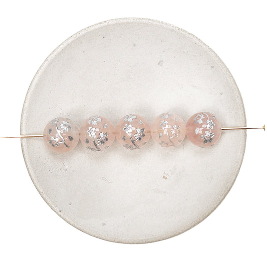 Rose Quartz Etched Silver Sakura Branch 10mm Round Bead - 1 pc.