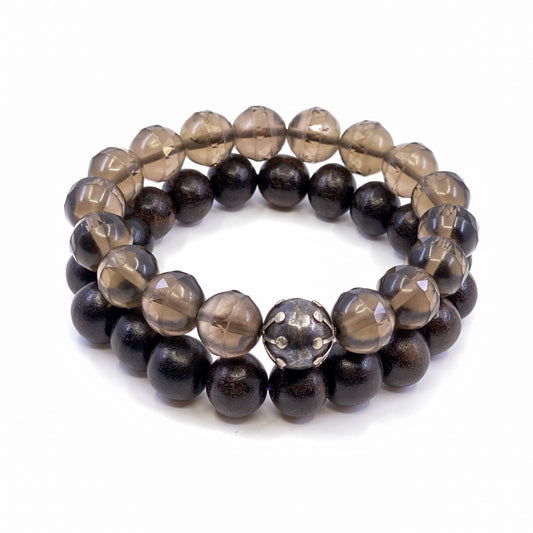 Smoky Quartz and Wood Stretchy Cord Bracelets (2) - Focus & Ground