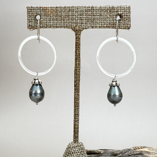 Tahitian Pearls with Shell Hoop Finished Earrings - 1 pair (J224)