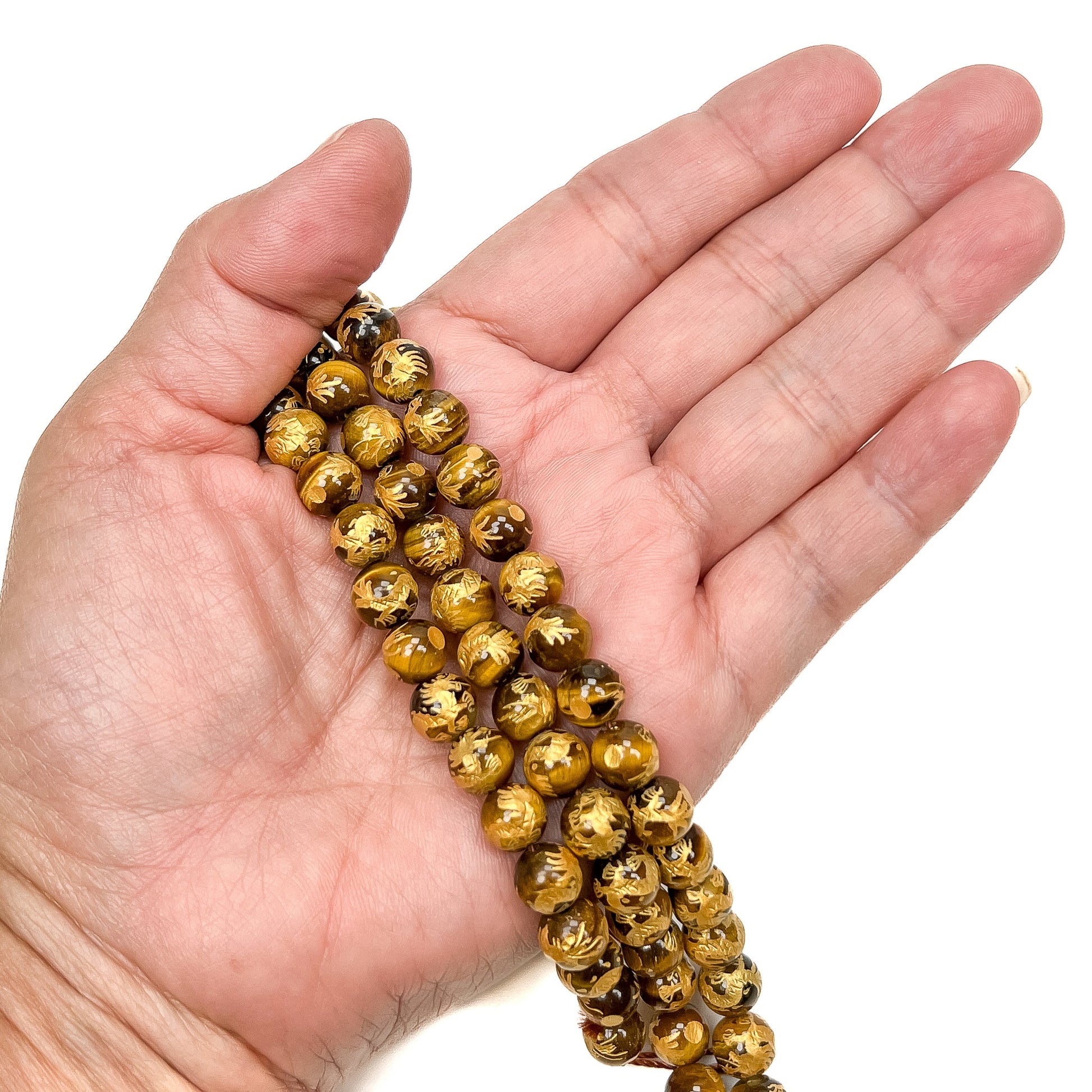 Tiger Eye 8mm Round Gold Dragon Bead - 7.5" Strand