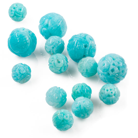 Amazonite 17mm Blossom Carved Round Bead - 1 pc.