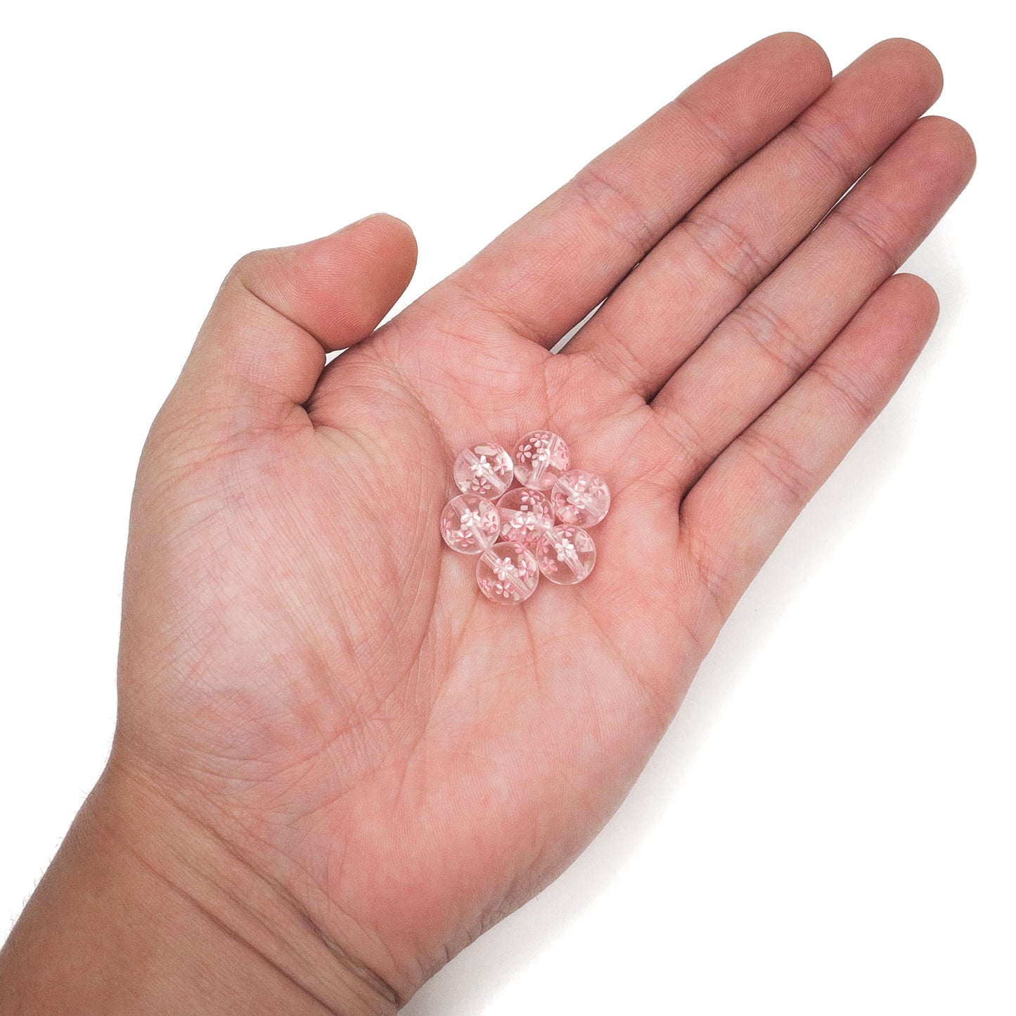 Crystal Quartz Etched Pink Sakura Shower 10mm Round Bead - 1 pc.