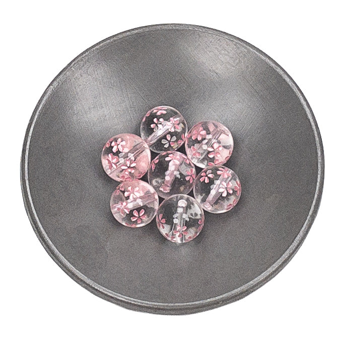 Crystal Quartz Etched Pink Sakura Shower 10mm Round Bead - 1 pc.