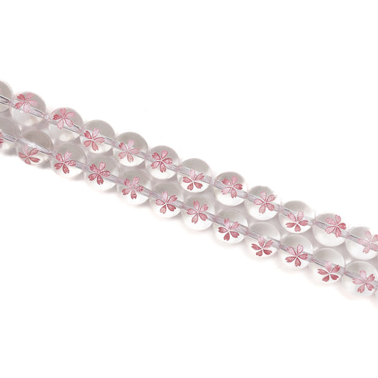 Crystal Quartz with Etched Pink Sakura Blossom 10mm Round Bead - 7.5" Strand