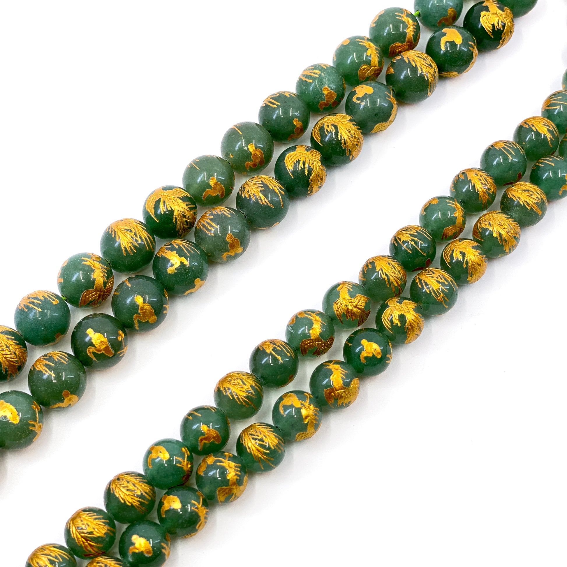 Gemstone with Etched Gold Phoenix 10mm Round Bead (7 Options Available) - 7.5" Strand